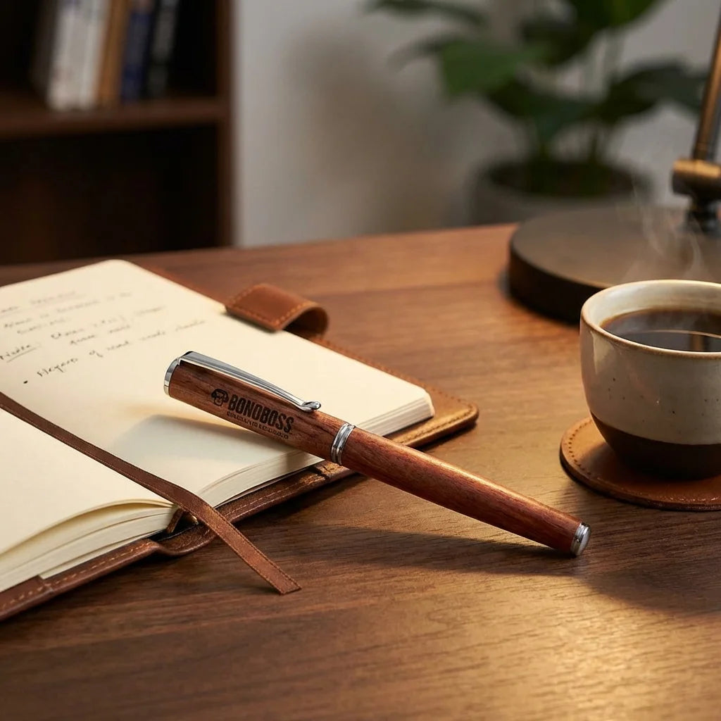Lápiz de madera premium sobre escritorio con notebook y café Bonoboss