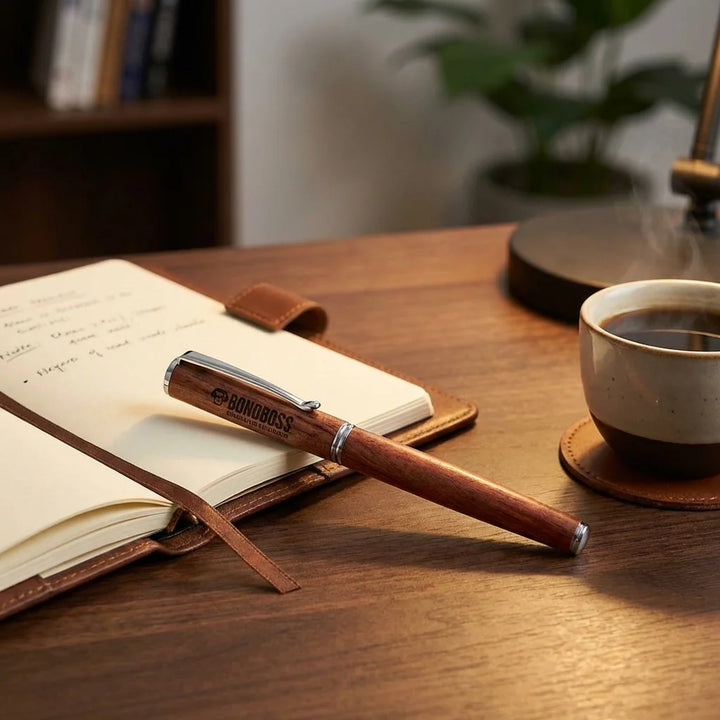 Lápiz de madera premium sobre escritorio con notebook y café Bonoboss