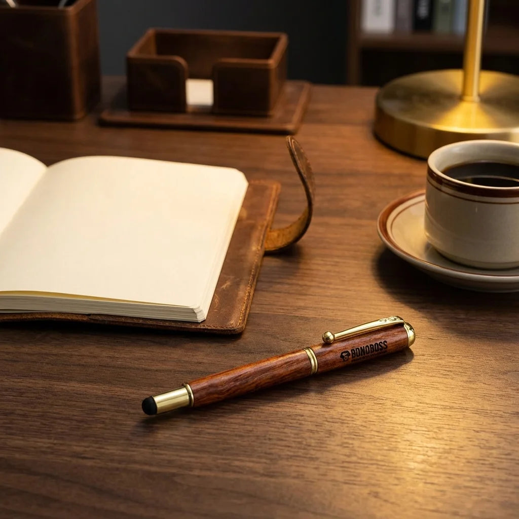 Lápiz de madera premium sobre escritorio con notebook y café Bonoboss