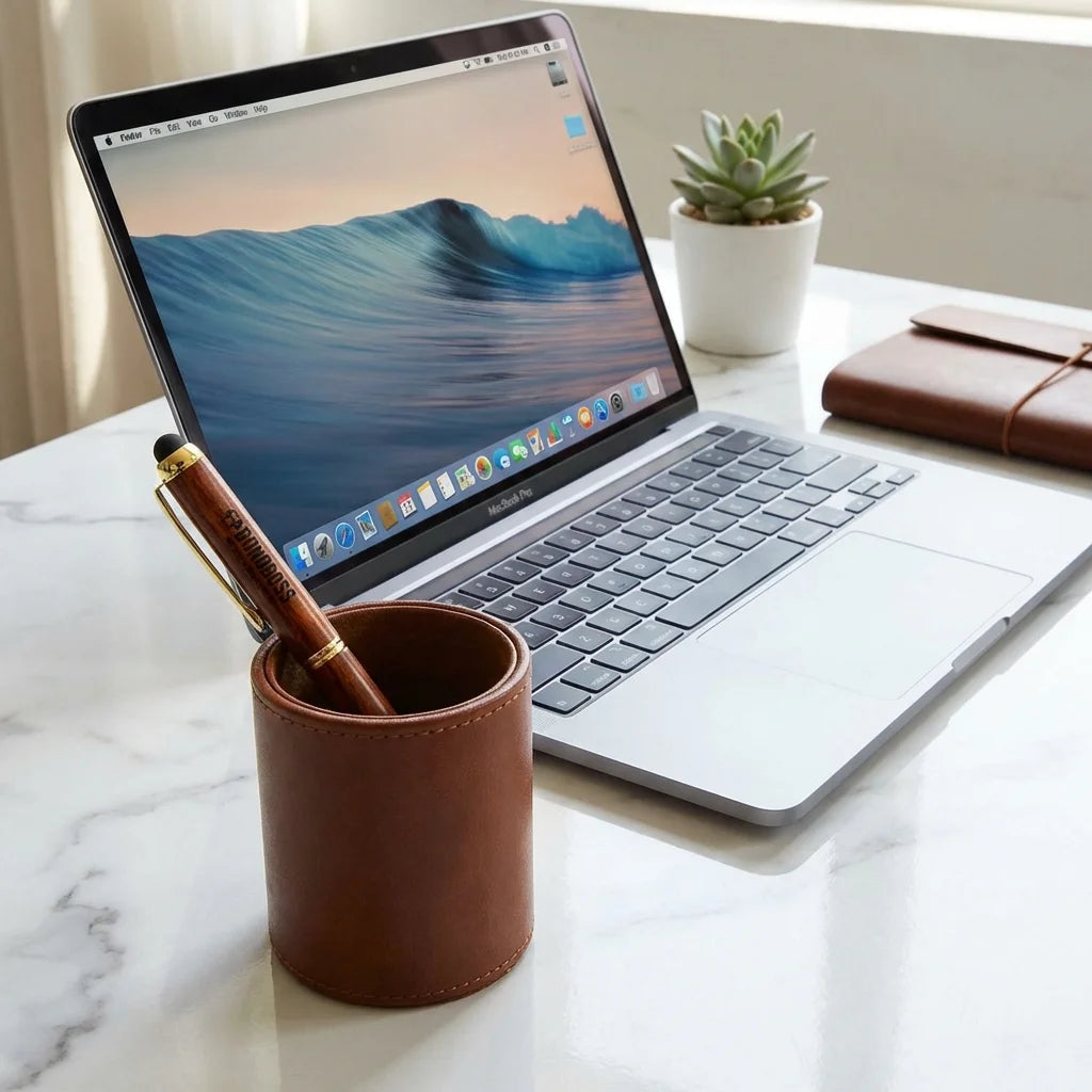 Lápiz de madera premium workspace minimalista con laptop Bonoboss