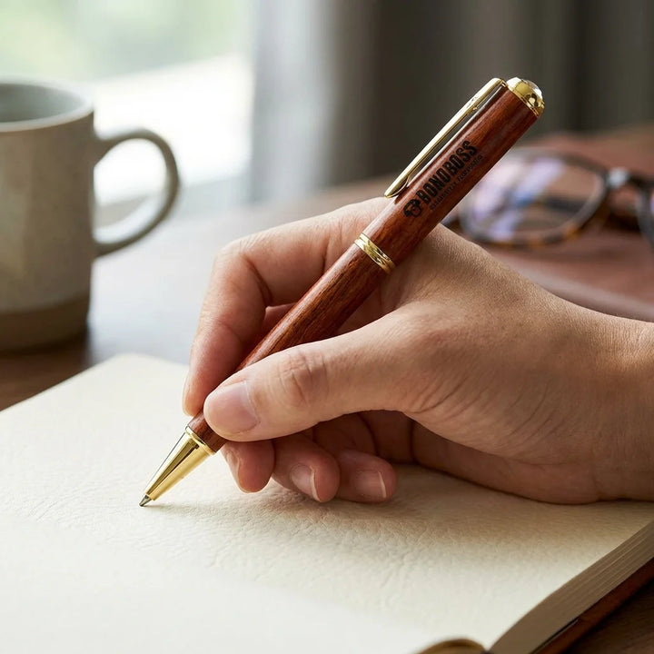 Lápiz de madera premium mano escribiendo en journal close-up Bonoboss