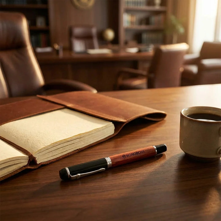 Lápiz de madera premium sobre escritorio con notebook y café Bonoboss