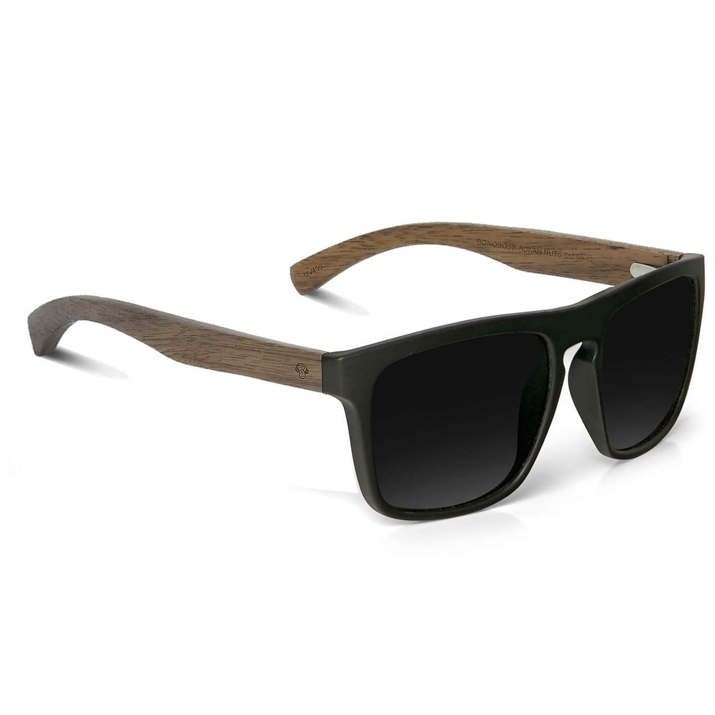 anteojos de sol rectangulares polarizados negros pata de madera  para hombre y mujer con lentes de color negro #color_nogal