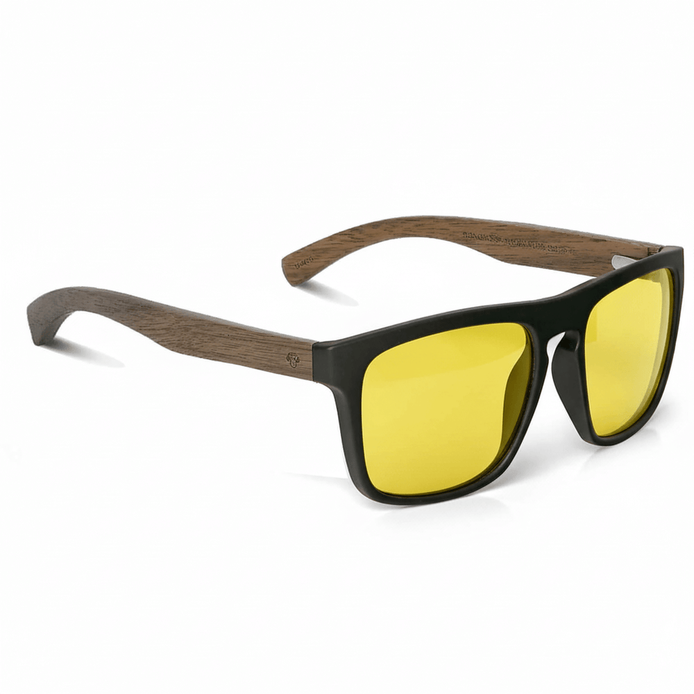 anteojos de sol rectangulares polarizados negros pata de madera natural d nogal en una vista frontal con lentes de amarillo para migraña o vision nocturna para manejar de noche #color_amarillo