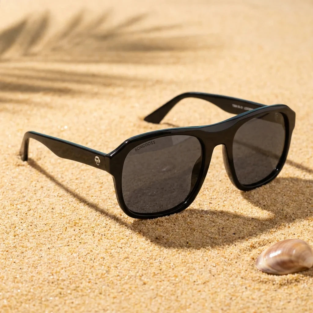 Lentes sol Tom Sol polarizados bio-acetato aviator negro sobre arena dorada playa detalle textura UV400 Bonoboss #editorial_detail1 #color_negro