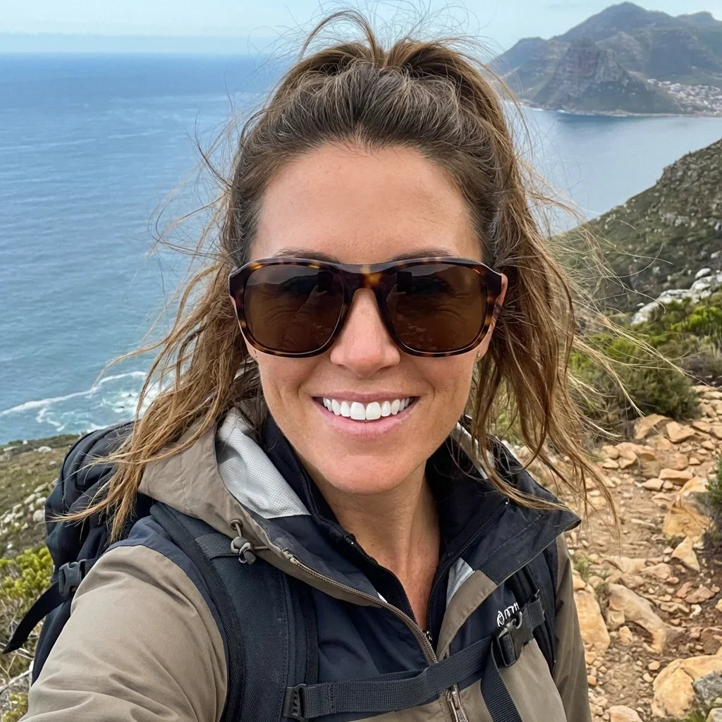 Mujer usando lentes sol Tom Sol bio-acetato polarizados aviator carey aventura naturaleza sendero outdoor Bonoboss #editorial_sustentabilidad #color_carey