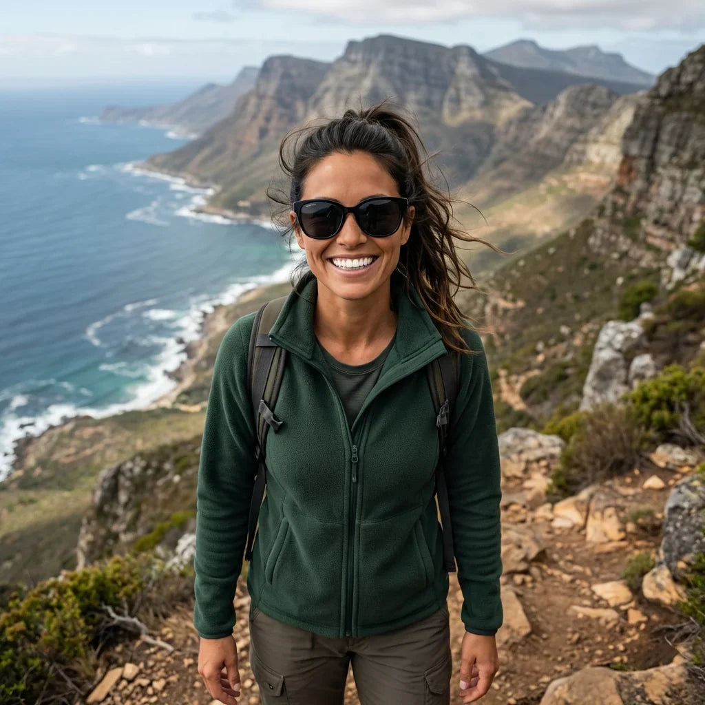 Mujer usando lentes sol Tiare bio-acetato polarizados negro aventura outdoor sendero naturaleza activa Bonoboss #editorial_sustentabilidad #color_negro