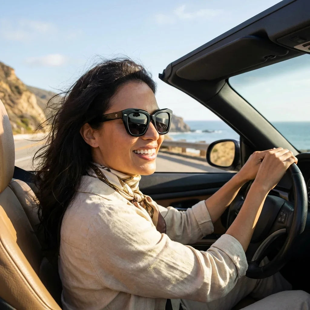 Hombre usando lentes sol Selkie Retro bio-acetato polarizados negro conduciendo reduce fatiga ocular UV400 Bonoboss #editorial_detail1 #color_negro
