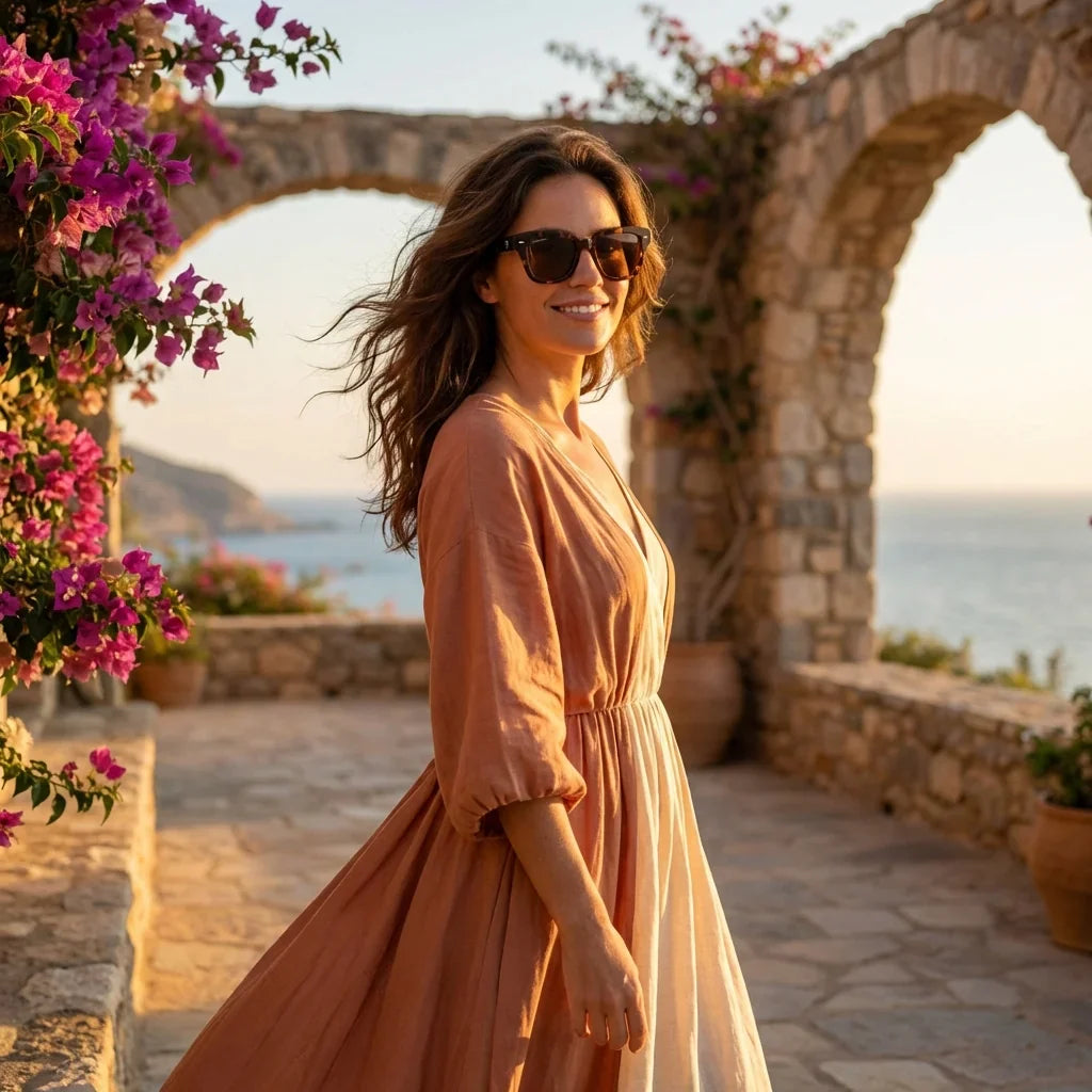 Mujer usando lentes sol Selkie Retro bio-acetato polarizados carey golden hour luz dorada costera Bonoboss Chile #editorial_banner #color_carey