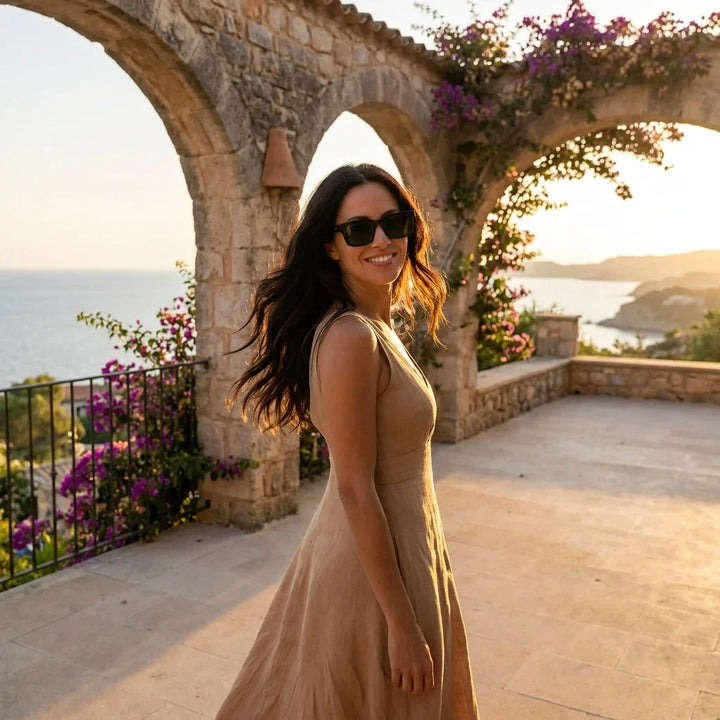 Mujer usando lentes sol Tokyo bio-acetato polarizados negro atardecer golden hour estilo urbano elegante Bonoboss #editorial_banner #color_negro