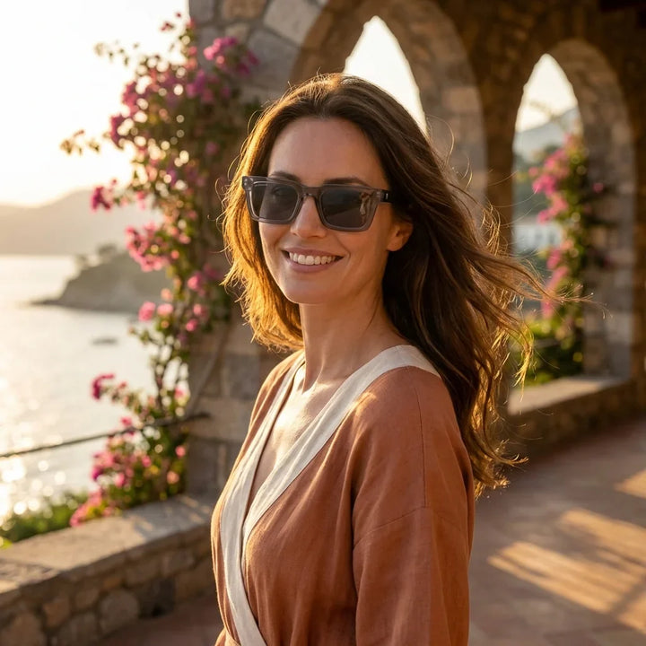 Mujer usando lentes sol Tokyo bio-acetato polarizados transparente gris golden hour luz dorada casual Bonoboss #editorial_banner #color_transparente-gris