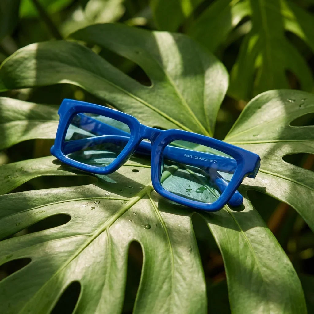 Lentes sol Tokyo polarizados UV400 bio-acetato square azul sobre hojas monstera tropical botanico vibrante Bonoboss #editorial_grid1 #color_azul