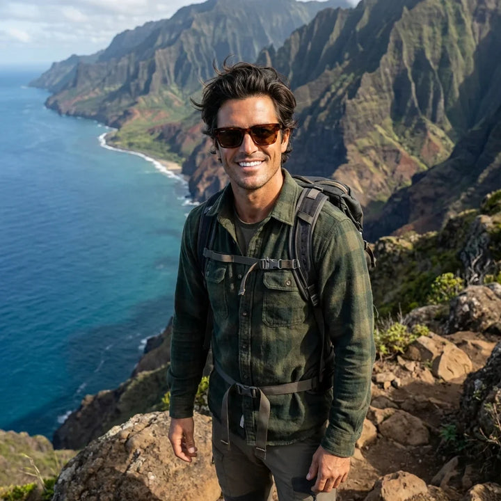 Hombre usando lentes sol Tokyo bio-acetato polarizados brown aventura outdoor sendero montaña activo Bonoboss #editorial_sustentabilidad #color_brown