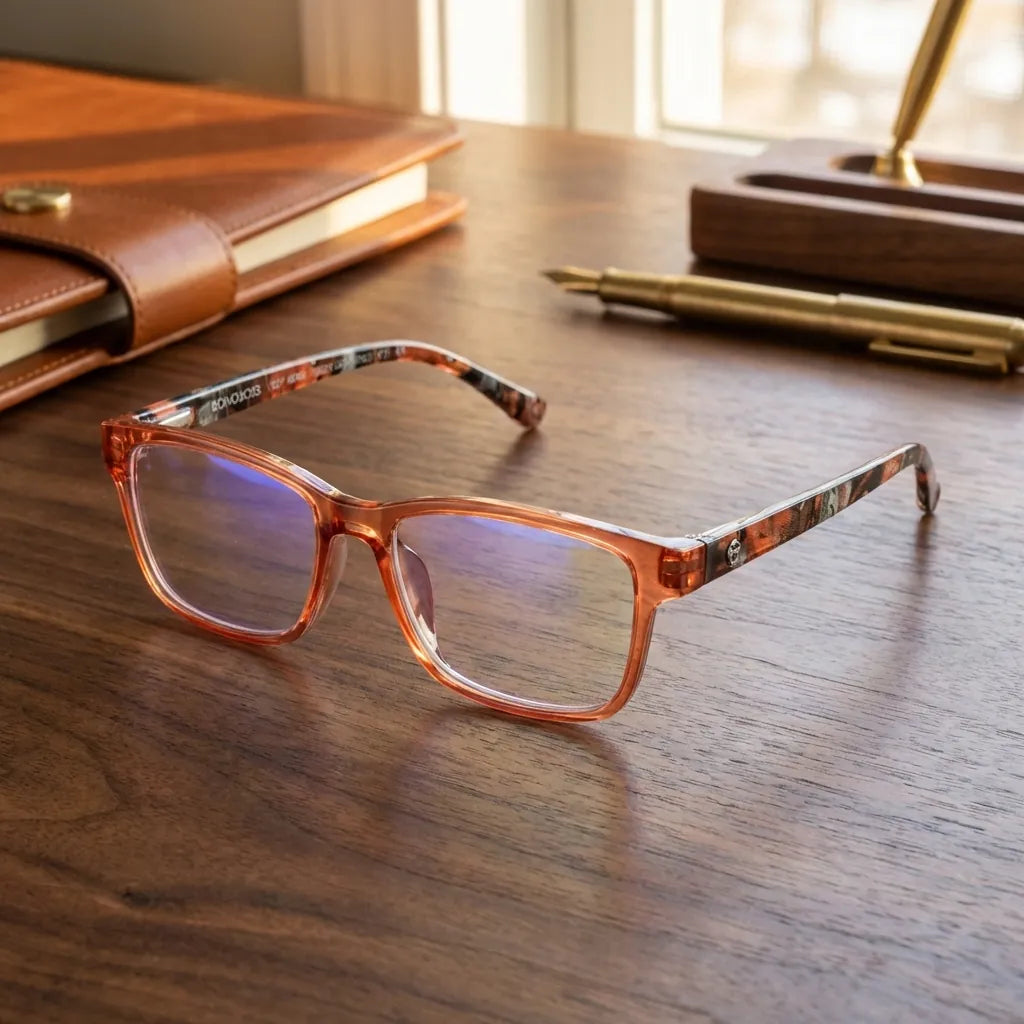 Bonoboss Lennox Island Mandarin - composicion tematica lentes lectura sobre escritorio premium madera #editorial_grid2 #color_mandarin
