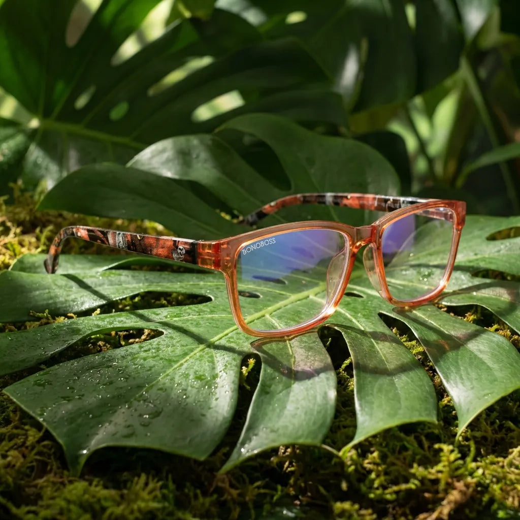 Bonoboss Lennox Island Mandarin - lentes lectura bio-acetato sobre superficie natural botanica #editorial_sustentabilidad #color_mandarin