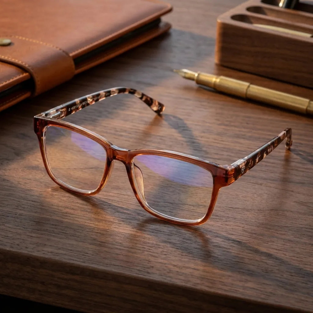 Bonoboss Lennox Island Caramel - composicion tematica lentes lectura sobre escritorio premium madera #editorial_grid2 #color_caramel