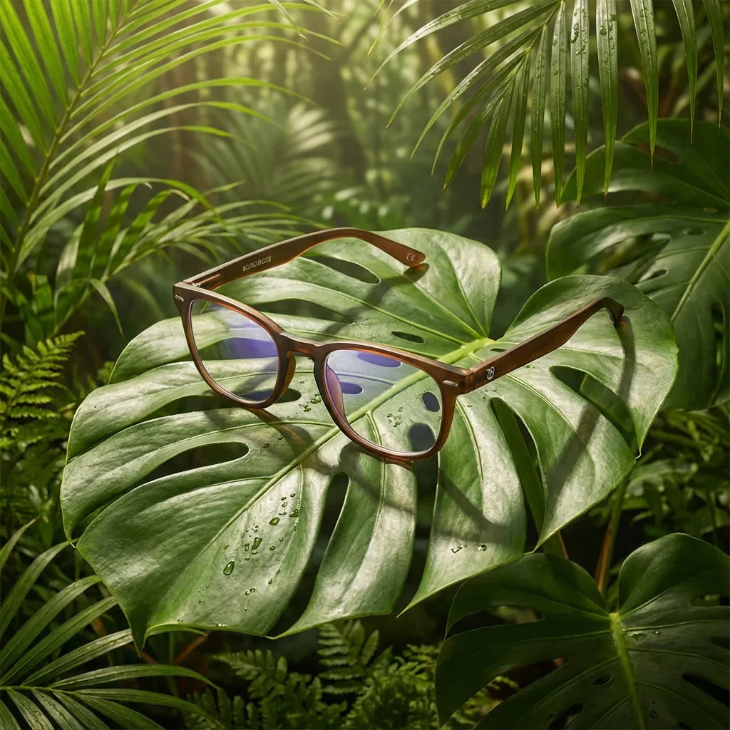 Bonoboss Lennox Island Caramel - lentes lectura bio-acetato sobre superficie natural botanica #editorial_sustentabilidad #color_caramel