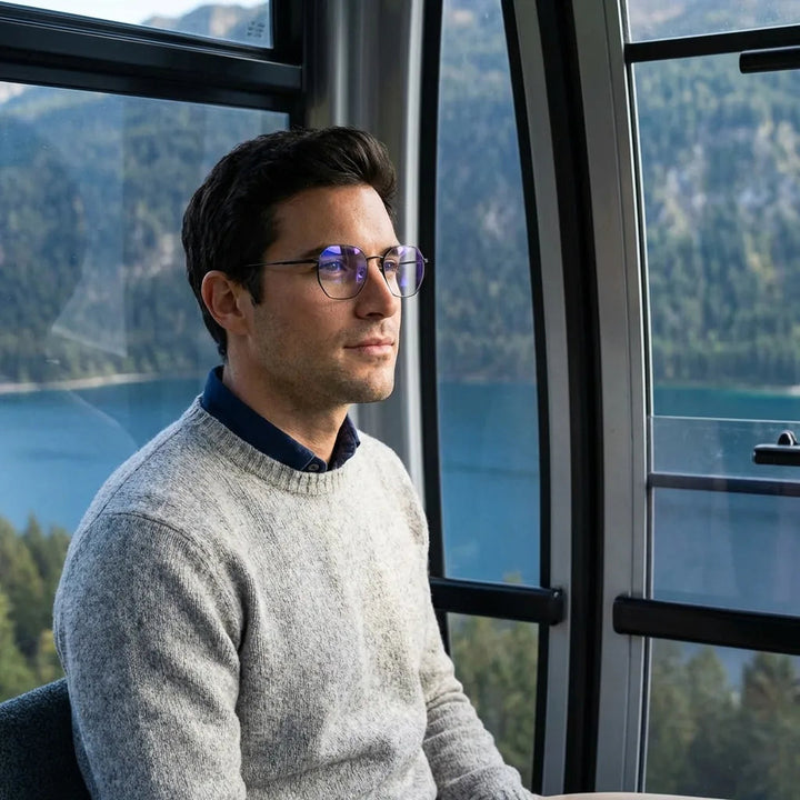 Lentes ópticos Galapagos Magnet Black modelo en teleférico con vista a lago Bonoboss #editorial_lifestyle3 #color_purple