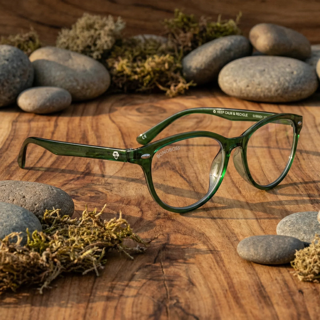 Vista lateral lentes lectura Beagle Channel triple proteccion luz azul UV400 antirreflejo RPET reciclado Bonoboss