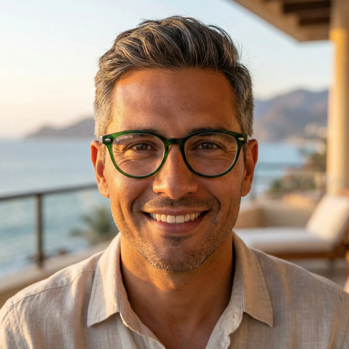 Profesional trabajando todo el dia lentes lectura Beagle Channel proteccion completa luz azul UV antirreflejo Bonoboss