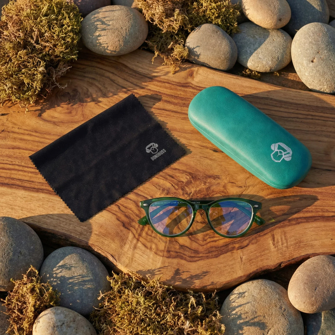 Vista superior lentes lectura Beagle Channel proteccion completa blue light UV antirreflejo Bonoboss