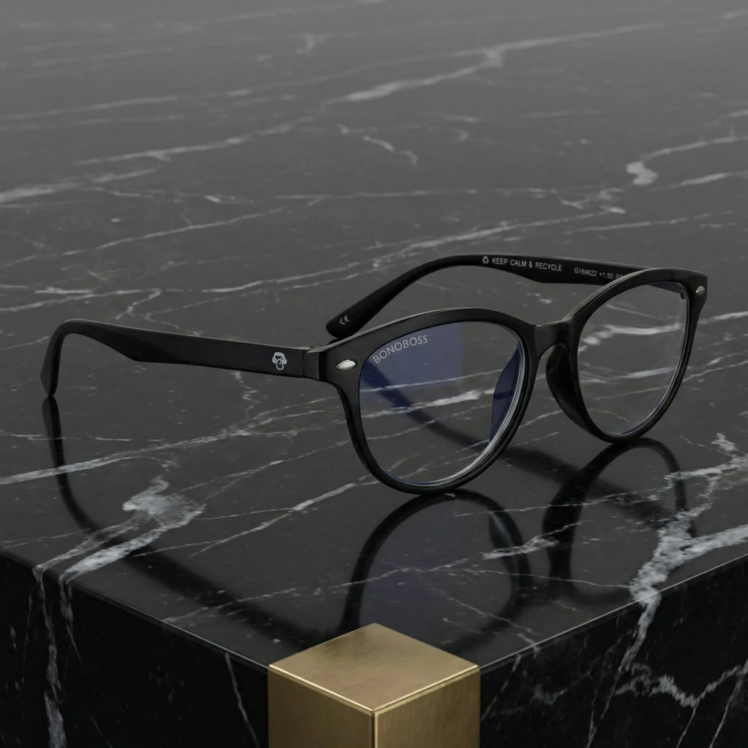 Vista lateral lentes lectura Beagle2 Channel triple proteccion luz azul UV400 antirreflejo RPET reciclado Bonoboss