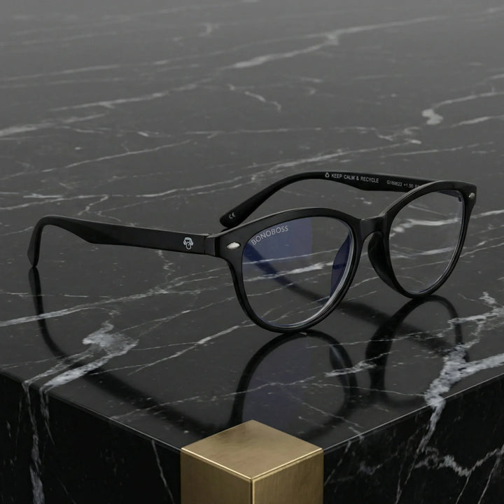 Vista lateral lentes lectura Beagle2 Channel triple proteccion luz azul UV400 antirreflejo RPET reciclado Bonoboss