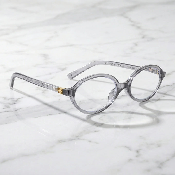 Vista lateral lentes lectura Blueberry3 triple proteccion luz azul UV400 antirreflejo RPET reciclado Bonoboss