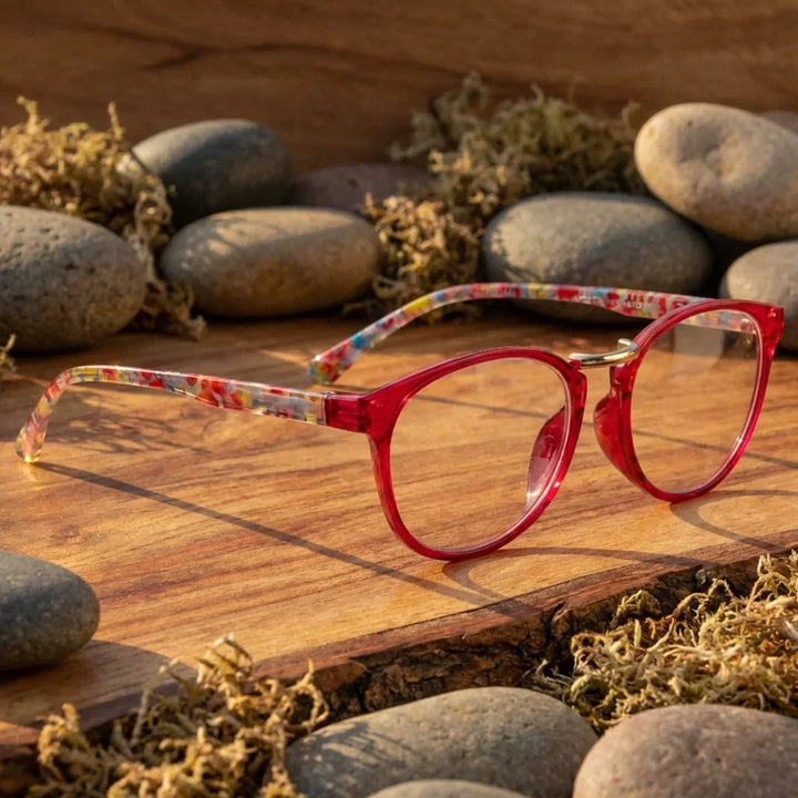 Vista lateral lentes lectura Claude Red triple proteccion luz azul UV400 antirreflejo RPET reciclado Bonoboss