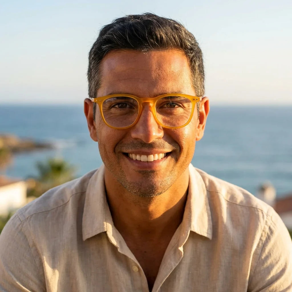 Profesional trabajando todo el dia lentes lectura Fiji Transparente proteccion completa luz azul UV antirreflejo Bonoboss