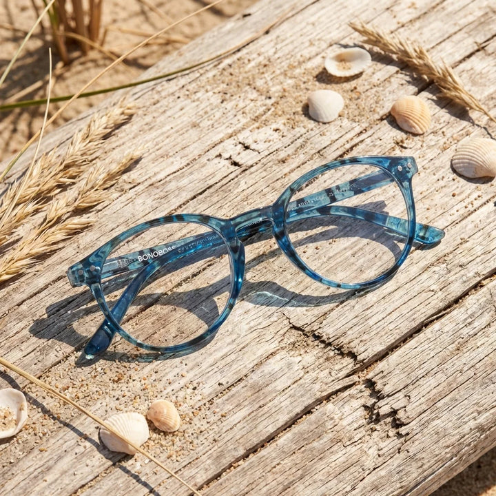 Vista lateral lentes lectura Gordon Island triple proteccion luz azul UV400 antirreflejo RPET reciclado Bonoboss