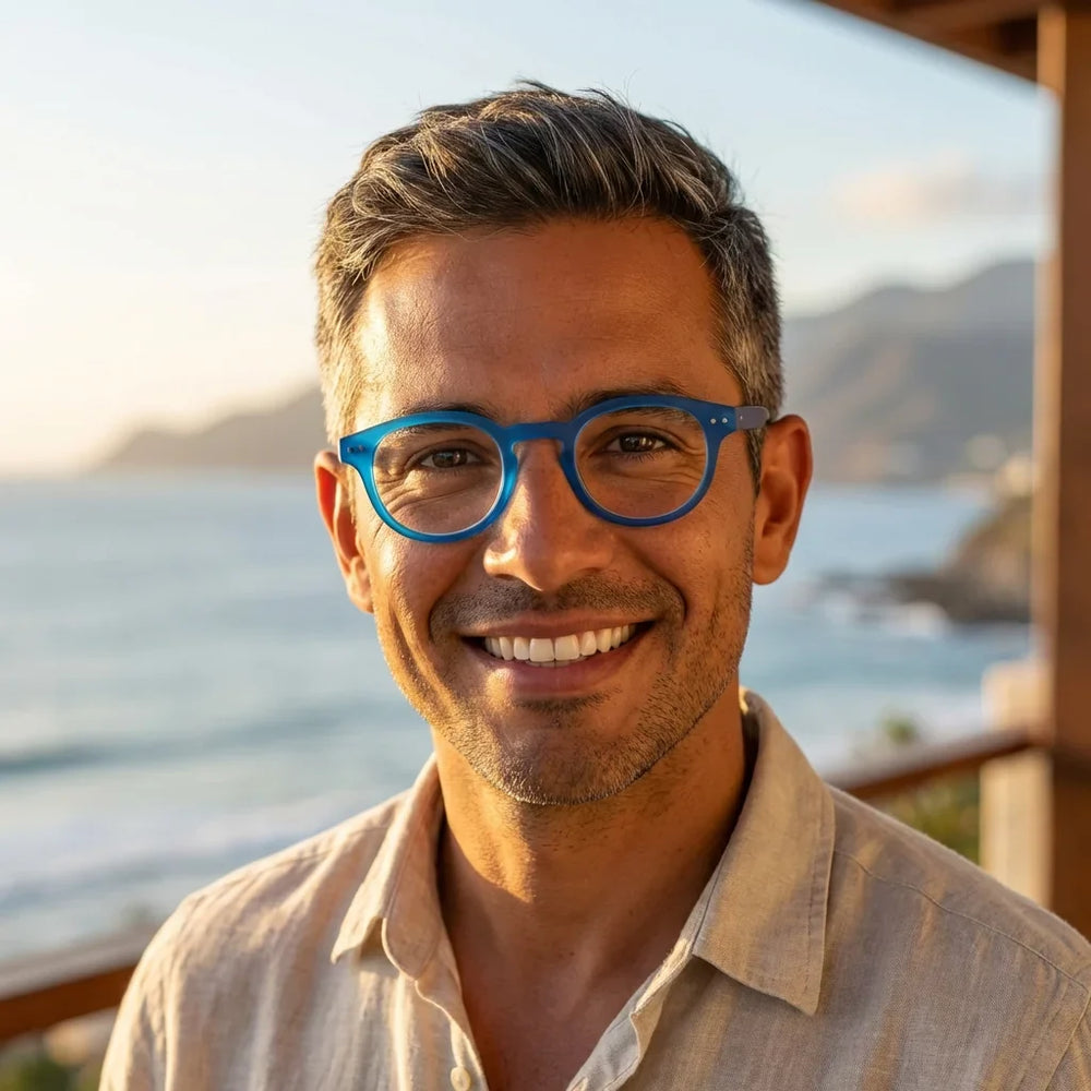 Profesional trabajando todo el dia lentes lectura Hawaii Azul proteccion completa luz azul UV antirreflejo Bonoboss