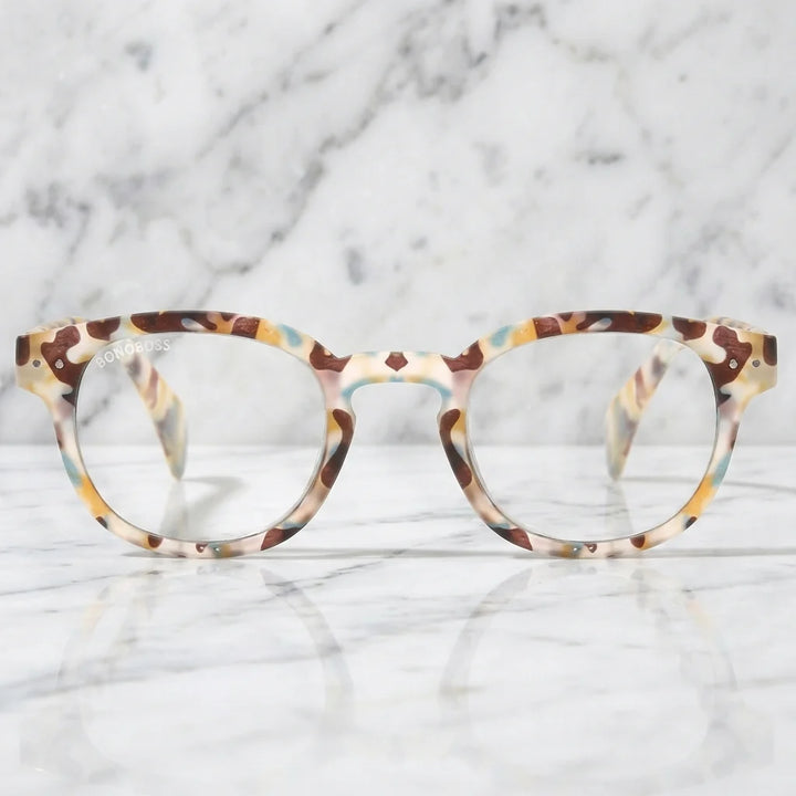 Detalle cristal triple tecnologia filtro luz azul UV400 antirreflejo lentes lectura Hawaii Blue Bonoboss