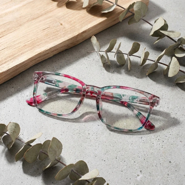 Vista lateral lentes lectura Oncol Green triple proteccion luz azul UV400 antirreflejo RPET reciclado Bonoboss