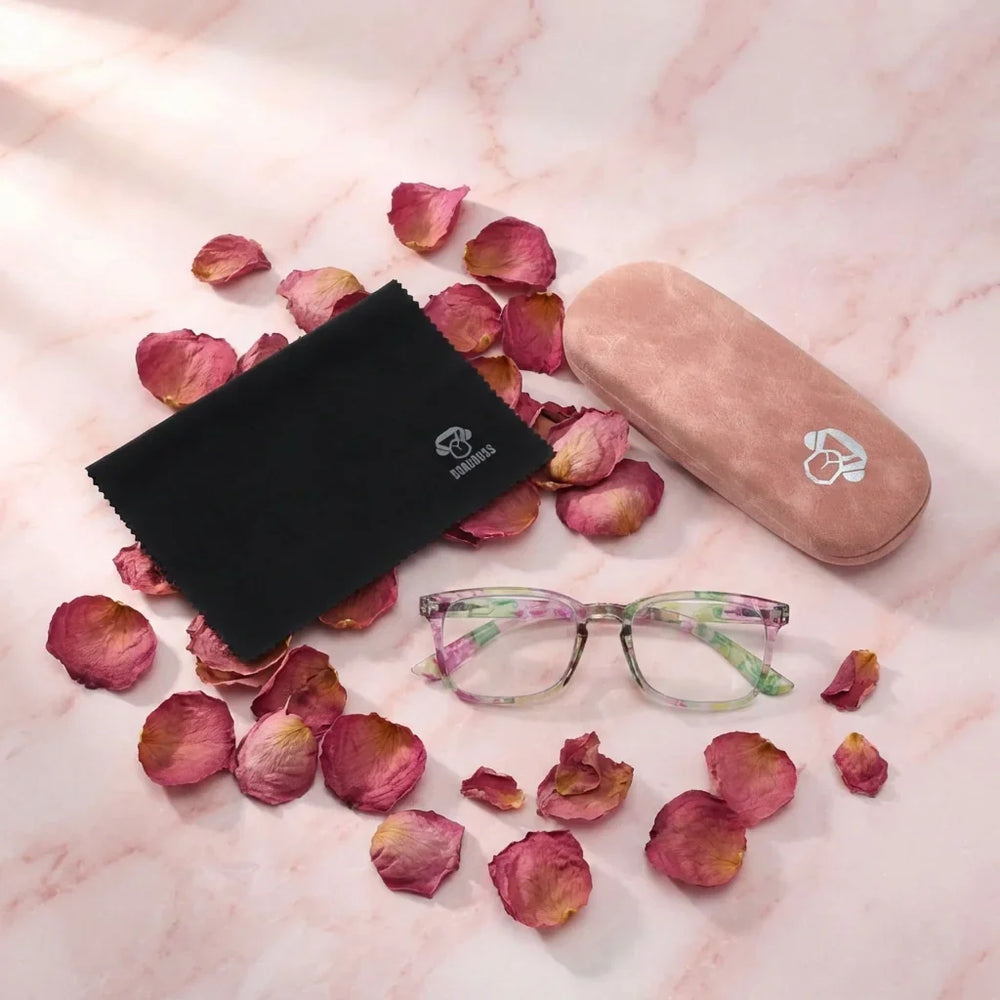 Vista superior lentes lectura Oncol Pink proteccion completa blue light UV antirreflejo Bonoboss