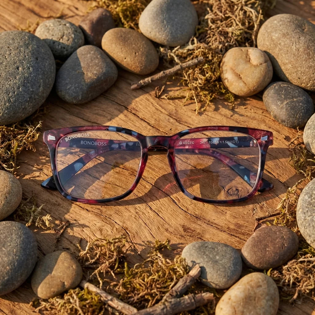 Vista lateral lentes lectura Oncol57 triple proteccion luz azul UV400 antirreflejo RPET reciclado Bonoboss