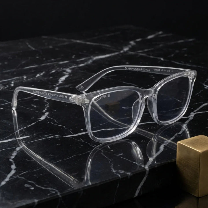 Vista lateral lentes lectura Oncol59 triple proteccion luz azul UV400 antirreflejo RPET reciclado Bonoboss