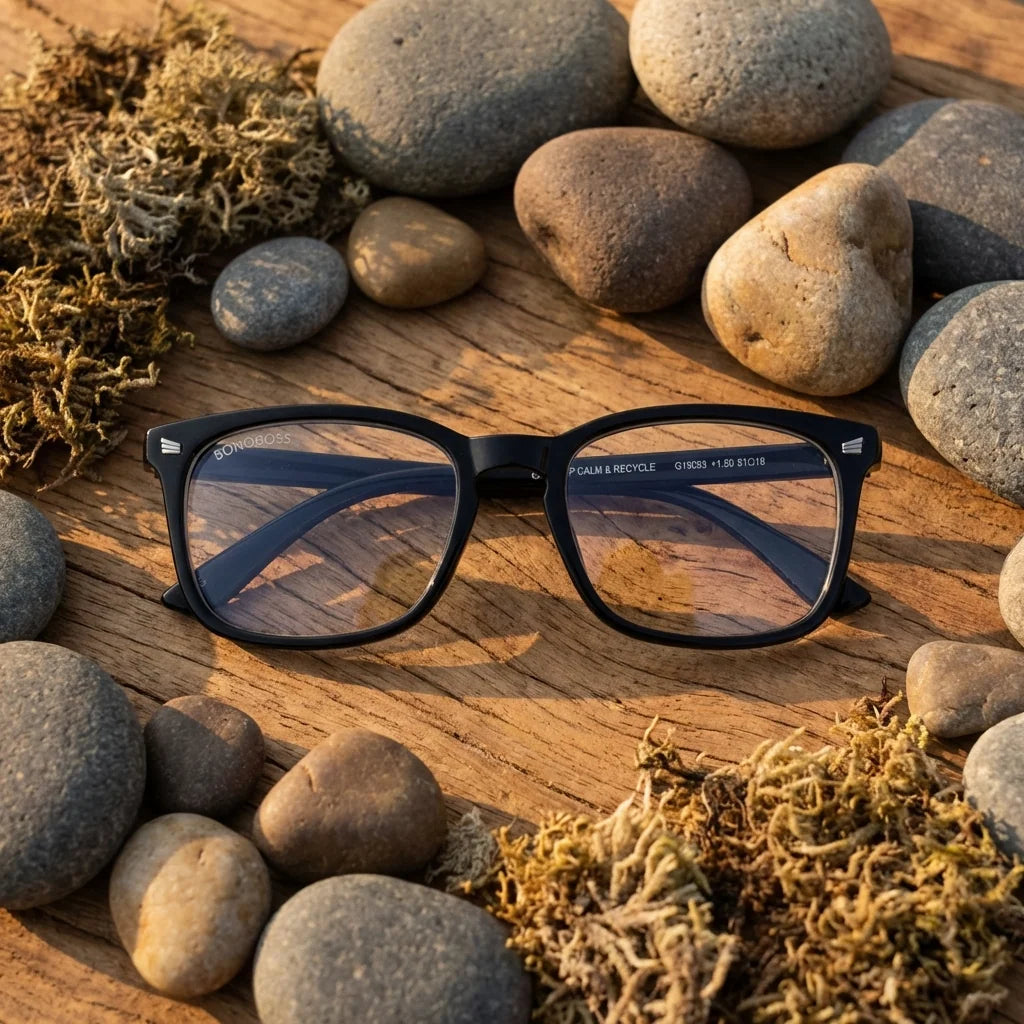 Vista lateral lentes lectura Oncol60 triple proteccion luz azul UV400 antirreflejo RPET reciclado Bonoboss