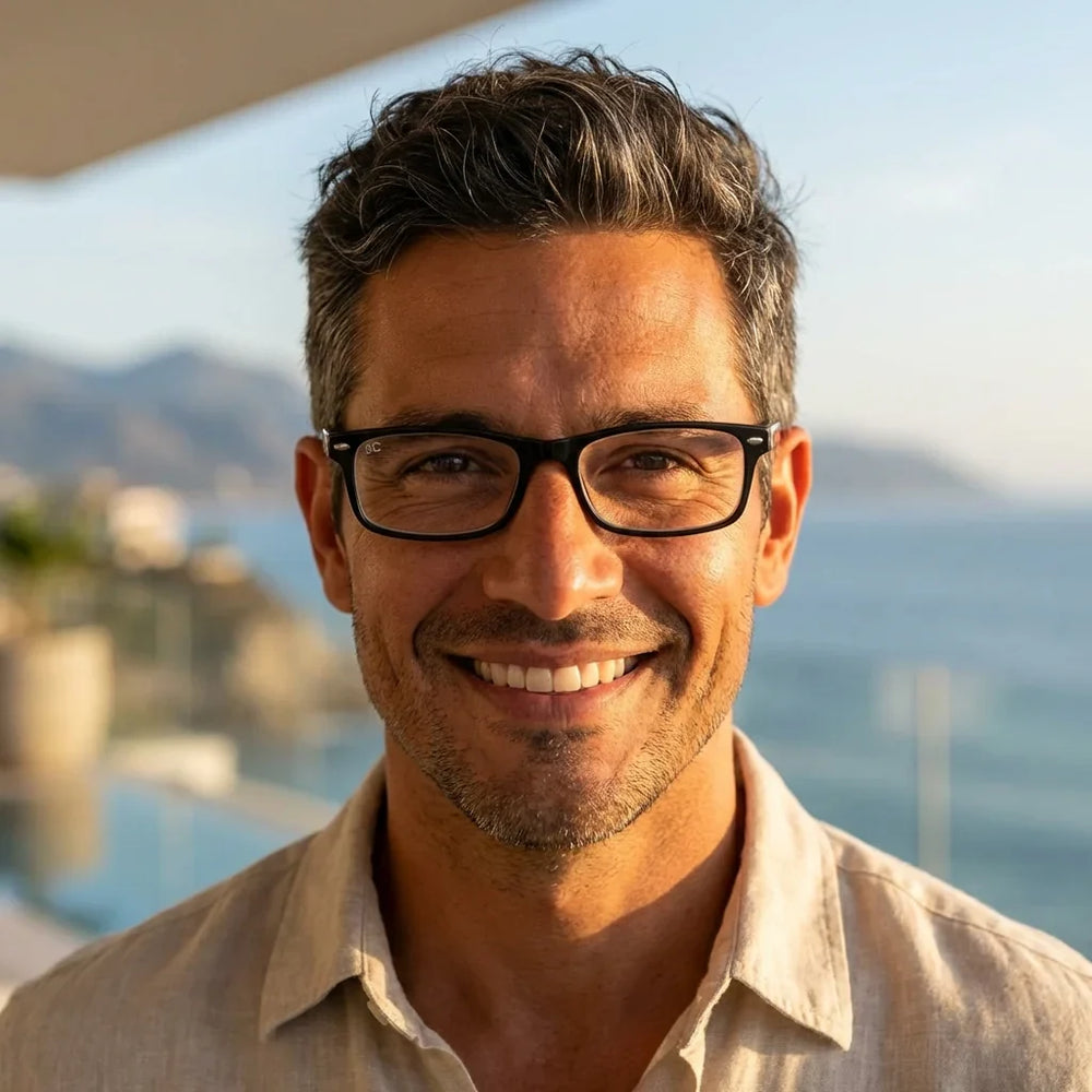 Profesional trabajando todo el dia lentes lectura Tineo Black proteccion completa luz azul UV antirreflejo Bonoboss