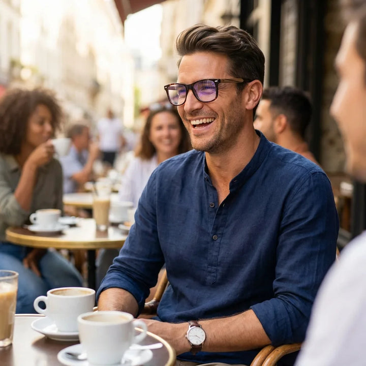 Lentes ópticos Acacia Carey hombre en café con amigos ambiente social Bonoboss #editorial_lifestyle2 #color_carey