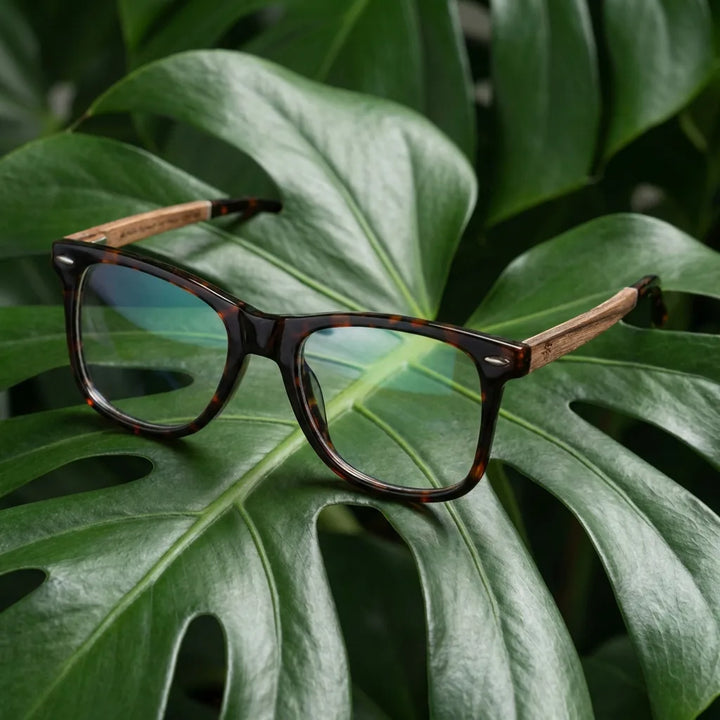 Lentes ópticos Acacia Carey entre hojas botánicas naturales diseño sustentable Bonoboss #editorial_sustentabilidad #color_carey