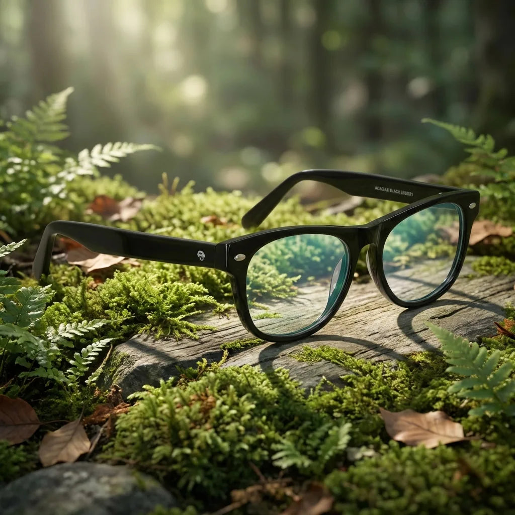 Lentes ópticos Acacia Negro en bosque verde natural diseño sustentable Bonoboss #editorial_sustentabilidad #color_negro