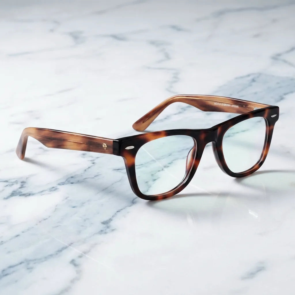 Lentes ópticos Acacia Carey sobre mármol blanco elegante armazón premium Bonoboss #editorial_armazon #color_carey