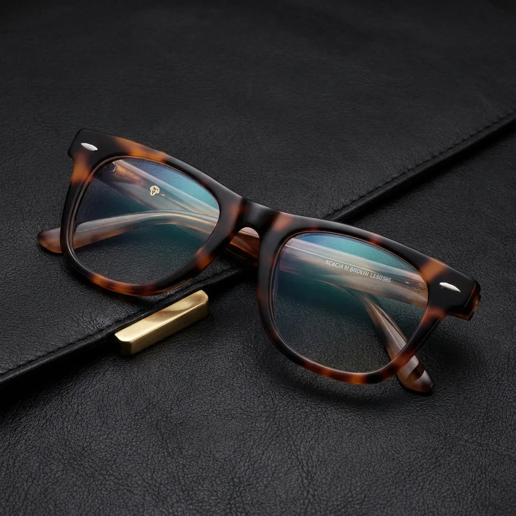 Lentes ópticos Acacia Carey sobre cuero negro con detalle brass dorado calidad premium receta Bonoboss #editorial_banner_confianza #color_carey