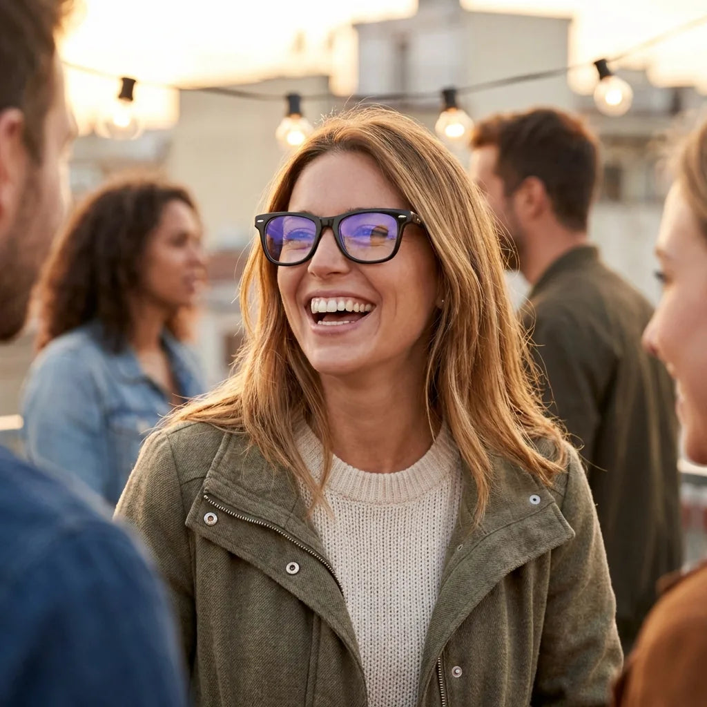 Lentes ópticos Acacia Negro modelo en contexto social urbano profesional Bonoboss #editorial_lifestyle4 #color_negro