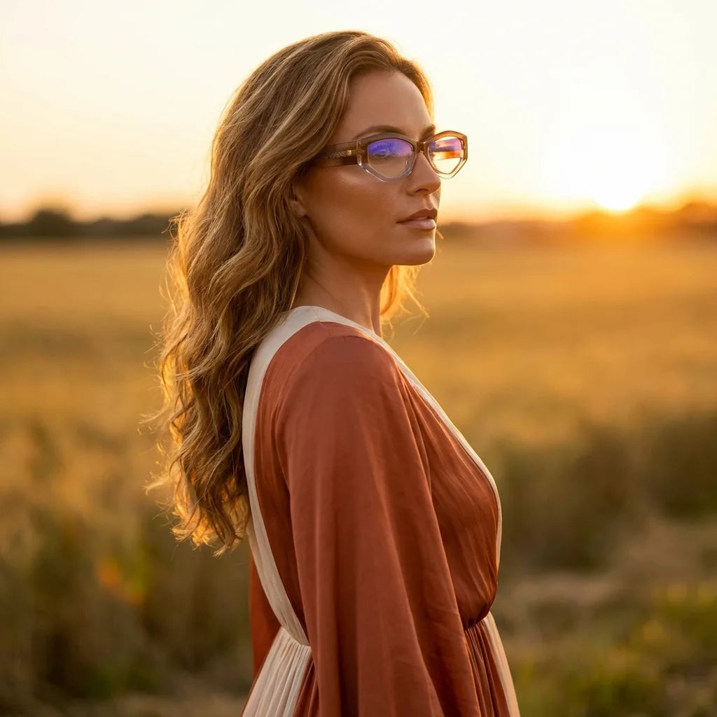 Lentes ópticos Artemisa Honey Crystal mujer en luz dorada golden hour elegante Bonoboss #editorial_lifestyle2 #color_honey-crystal