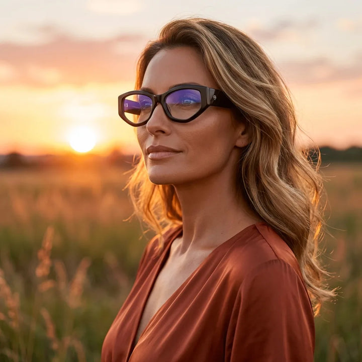 Lentes ópticos Artemisa Negro mujer en luz dorada golden hour elegante Bonoboss #editorial_lifestyle1 #color_negro