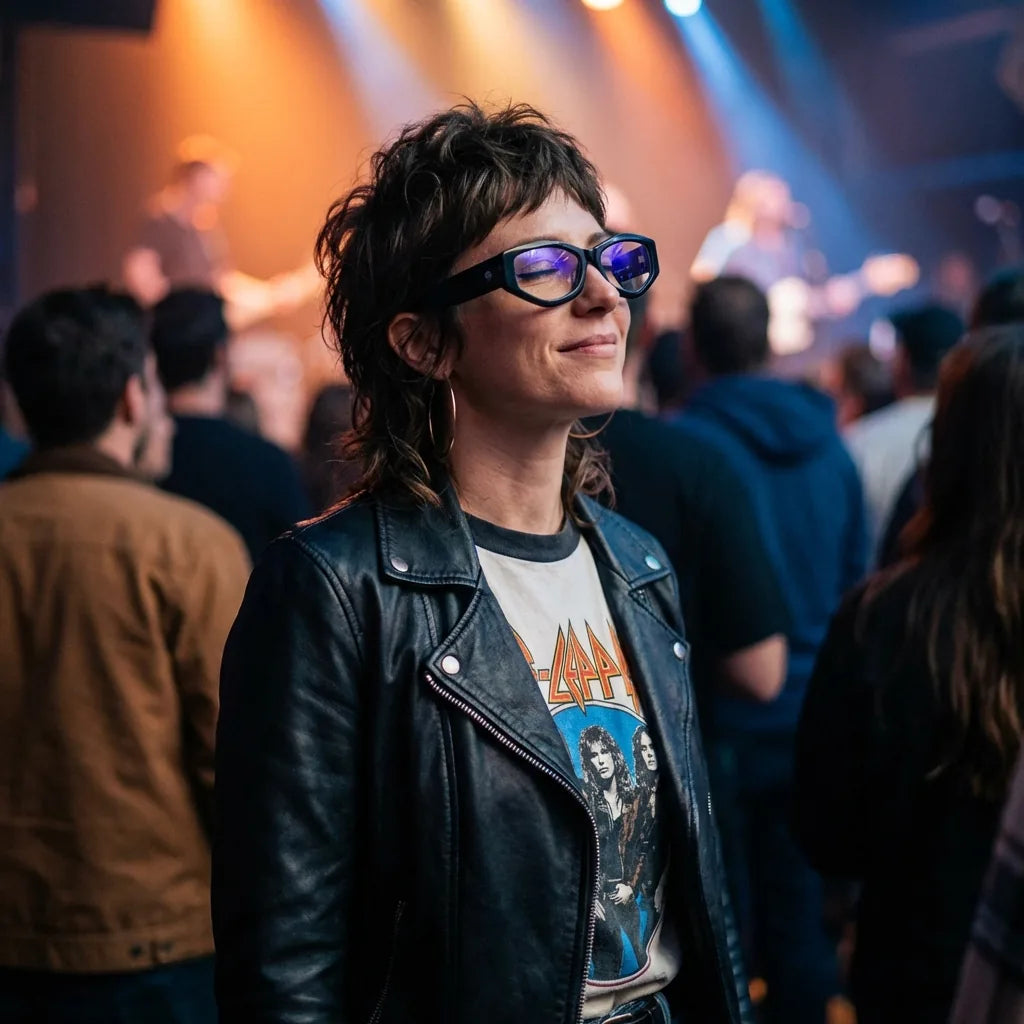 Lentes ópticos Artemisa Negro mujer en concierto nocturno urbano Bonoboss #editorial_lifestyle2 #color_negro