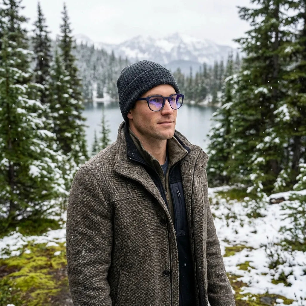 Lentes ópticos Ashley Azul modelo con gorro en bosque nevado invernal Bonoboss #editorial_lifestyle1 #color_azul