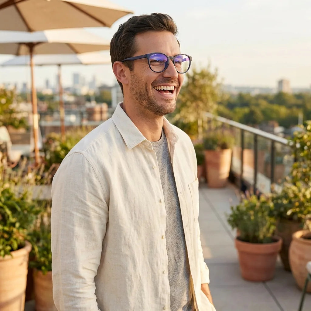 Lentes ópticos Ashley Azul mujer en terraza con vista panorámica Bonoboss #editorial_lifestyle2 #color_azul